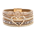 Bohemian multilayer leather wrap bracelet with gold heart charm and magnetic clasp - Bohemian Beige Heart Rhinestone