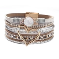 Bohemian multilayer leather bracelet with gold heart charm and rhinestone magnet clasp - Bohemian Grey Heart Rhinestone