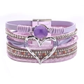 Bohemian multi-layer purple leather bracelet with crystal bead and heart charm - Bohemian Purple Heart Rhinestone
