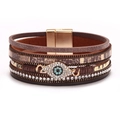 Bohemian multi-layer brown leather wrap bracelet with evil eye charm and magnetic clasp - Bohemian Coffee Evil Eye