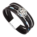 Bohemian black multilayer leather bracelet with a silver tree of life magnetic clasp - Bohemian Black Rhinestone Tree of Life