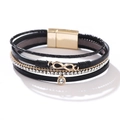 Bohemian multilayer black PU leather bracelet with golden infinity charm and pavé crystals - Bohemian Black Rhinestone Magnetic Bracelet