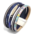 Bohemian multi-layer wrap bracelet in navy blue PU leather with rhinestones and magnetic clasp - Bohemian Blue Magnetic Bracelet