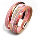 Bohemian multilayer leather wrap bracelet with pink crystal cross and gold magnetic clasp - Bohemian Pink Magnetic Bracelet