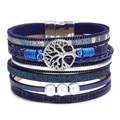 Multilayer navy blue leather wrap bracelet with silver tree of life and pearl charms - Bohemian Blue Hollow Tree of Life