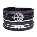 Bohemian black leather wrap bracelet with silver tree of life charm and pearl beads - Bohemian Black Hollow Tree of Life