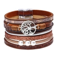 Bohemian multi-layer leather bracelet with silver tree of life charm and magnetic clasp - Bohemian Coffee Hollow Tree of Life
