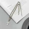 Cross pendant necklace in gold and silver steel links with sparkling zircon inlay - Two-tone Gold & Silver (50+5cm)