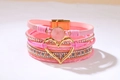 Pink and gold multilayer PU leather bracelet with heart charm and magnetic clasp - Bohemian Rose Pink Heart