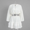 Detail of white cotton set with lantern sleeves and tiered ruffle skirt fabric texture - S / White