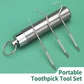 Portable 304 stainless steel toothpick set with 3 metal tools and keychain storage case - 3-Piece Short Set (Matte Tube) / Silver