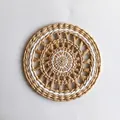 Bohemian woven straw wall decor in natural wood tone with white ring circular pattern - White Double Ring Hollow Style (20cm)
