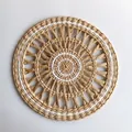 Bohemian style circular hand-woven wall decor featuring straw and white cotton threads - White Hollow Radial Style (30cm)