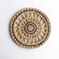 Bohemian round straw wall decor with natural fibers and navy blue concentric woven patterns - Navy Blue Radial Hollow Style (25cm)