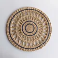 Bohemian round straw wall decor with blue accents and intricate woven pattern - Navy Blue Radial Hollow Style (30cm)