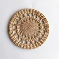 Bohemian round straw wall decor made of natural woven corn husk in light khaki - Natural Hollow Radial Style (20cm)