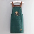 Dark green waterproof kitchen apron with brown leather straps and cute bear print - NICE Bear Green (Standard Style)