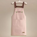 Pink waterproof kitchen apron with H-shaped brown straps and large front pocket - Hello Pink (Standard Style)