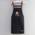 Black waterproof apron with brown leather straps and cute plush bear embroidery - NICE Bear Black (Standard Style)