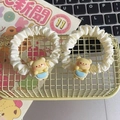 Set of two cream satin scrunchies with cute yellow 3D resin bear accessories - Cartoon Bear - Bib Style