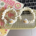 Two cream-colored Butter Bear scrunchies with resin charms in a yellow wire basket - Cartoon Bear - Cheese Style