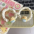 Set of 2 white scrunchies with cute yellow bear inside blue coffee cup decorations - Cartoon Bear - Coffee Cup Style