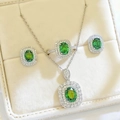 Luxury green oval gemstone jewelry set with double halo necklace, ring and earrings - Green Jewelry Set (With Chain)