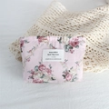 Pink floral canvas makeup bag with retro rose print and woven label detail - Pink Rose