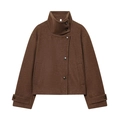 Detail of dark brown wool coat with stand-up collar and asymmetric buttons on white background - Dark Brown
