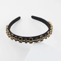 Close-up of black velvet headband featuring golden metal settings with gems and crystals - White Opal Feel (Style H)