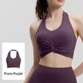 Soutien-gorge de sport dos nu prune avec nœud torsadé et tissu de yoga élastique - S / Prune Foncé