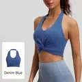 Halter yoga bra in Denim Blue featuring a twisted front knot and high elastic fabric - Denim Blue