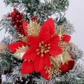 Red velvet Christmas flower decoration with gold glitter details on snowy tree branch - 14.5cm / Rose Gold Red