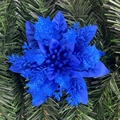 Electric blue glitter Christmas poinsettia flower decoration on green pine needles - 14.5cm / Sapphire Blue
