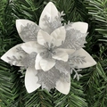 Christmas decoration flower in white velvet and silver glitter on green pine branches - 14.5cm / White Silver