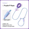 Verstellbare hellblaue Retrieverleine für Hunde mit lila Schaumstoffgriff und Bommel - 1.5m*0.8cm / Violette Pelzkugel