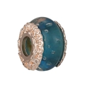 Blue glass charm bead with rose gold floral trim and artistic air bubble details - Blue Bubble Bead With Rose Gold Border (#6)