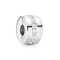 Polished silver cylinder charm bead with single row of clear cubic zirconia for DIY bracelets - Silver Row Zirconia Spacer Clip (#14)