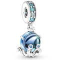 Octopus charm in silver with blue Murano glass bead and sparkling blue gemstones - Blue Glass Octopus Pendant (#29)