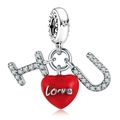 S925 silver charm with red enamel heart and I Love U dangle letters for bracelets - I Love U Letters Heart Pendant (#31)