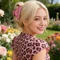 Detail of pink leopard print hair claw clip worn by a model in a floral garden setting - Pink Leopard
