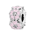 Silver bead charm with pink enamel cherry blossoms and sparkling center stones - Pink Cherry Blossom Enamel Bead (#36)
