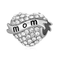 Silver heart charm bead with pavé crystals and black Mom engraving for bracelets - Silver Paved MOM Heart Pendant (#39)
