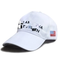 Adjustable white baseball cap with Make America Great Again embroidery and US flag detail - White with Black Text