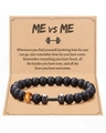 Lava stone bead bracelet with metal dumbbell and tiger eye bead on gift card - Matte Black Dumbbell (Tiger Eye) + Card