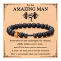 Mens matte black bead bracelet with tiger eye stone and grey metal dumbbell charm - Matte Black Dumbbell + Card