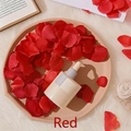 Cosmetic serum in frosted bottle with red flower petals on wooden tray and white rug - Pre-separated Red