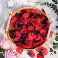 Artificial rose petals in red and black gradient finish inside a woven basket decor - Pre-separated Red-Black Gradient