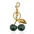 Sparkly dark green resin cherry keychain with golden leaves and spring lobster clasp - Green Cherry 32MM