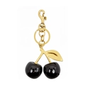 Elegant black resin cherry keychain with golden metal leaf and lobster clasp attachment - Solid Black Cherry 32MM